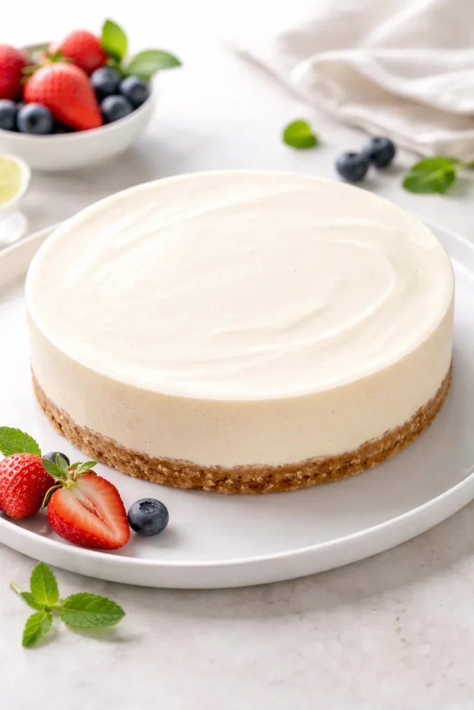 10 No Bake Cheesecakes for Hot Summer Days 13 Close-up of a smooth no-bake cheesecake on a white plate under soft studio lighting