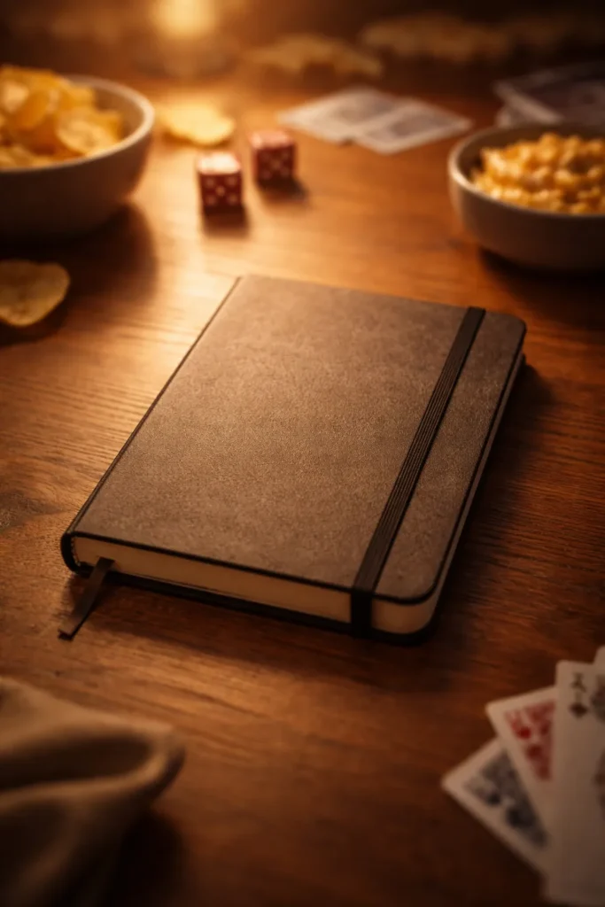 8 Game Night Snacks Everyone Fights Over 9 Single closed notebook on a wooden table under warm light
