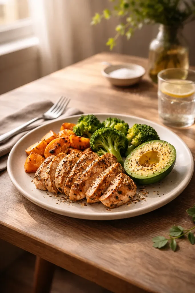 8 Paleo Dinners That Don't Taste Boring 12 Calm dining scene with paleo dinner plate and reflective mood