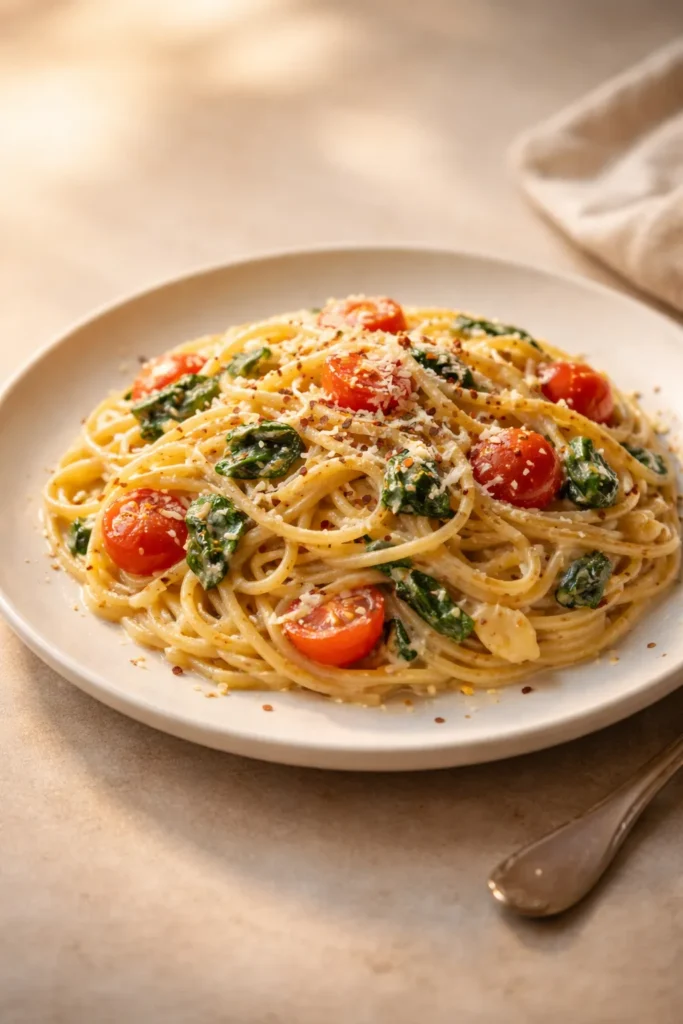 10 One-Pot Pasta Recipes With Easy Cleanup 16 Plate of pasta under warm lighting with soft shadows