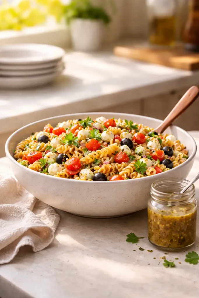 8 Pasta Salad Recipes for Your Next Cookout 12 Ready-to-serve pasta salad with dressing on the side in a cozy kitchen