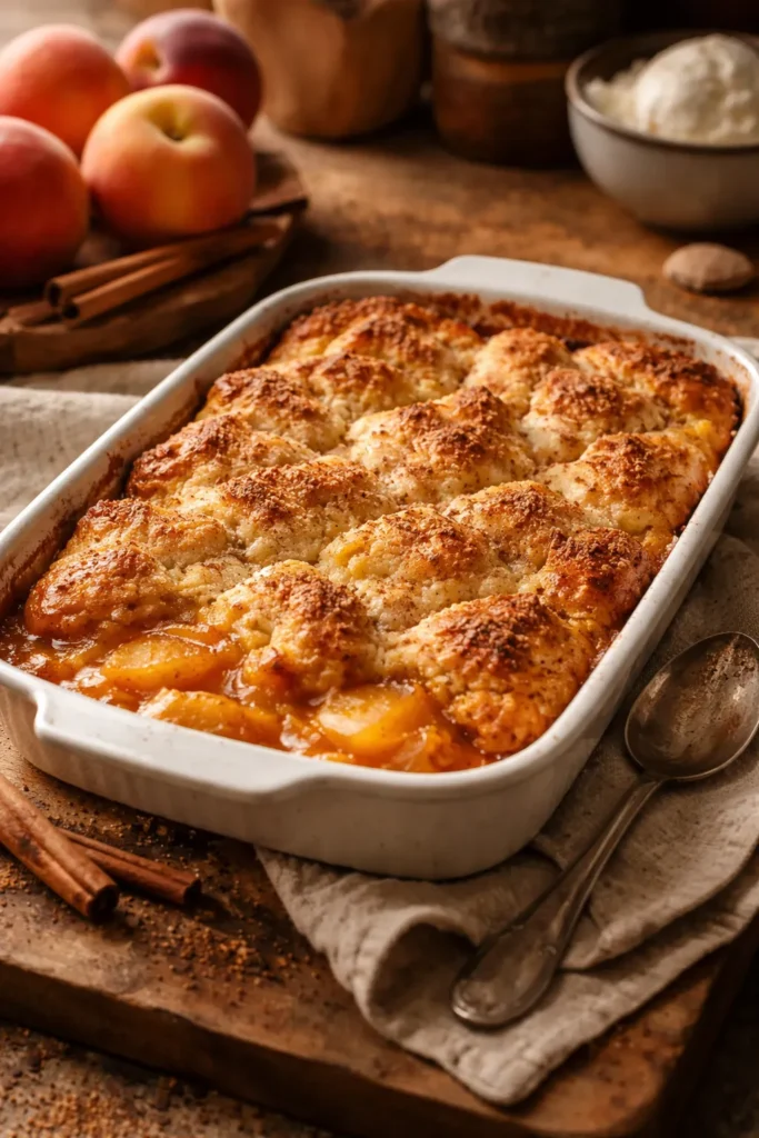 Easy Peach Cobbler With Bisquick in 30 Mins 16 Fresh peach cobbler cooling on a rustic counter with warm lighting