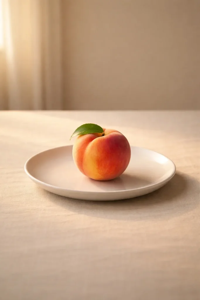 5 Warm Baked Peach Desserts for Date Night 6 Single peach on a plate in a soft-lit still life