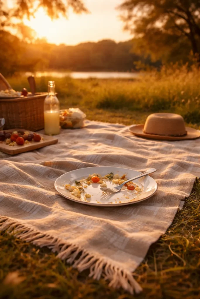 Calm sunset picnic scene suggesting reflection after a meal