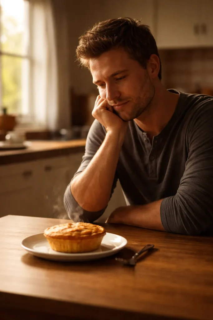 Contemplative person with meat pie on a plate, illustrating final thoughts