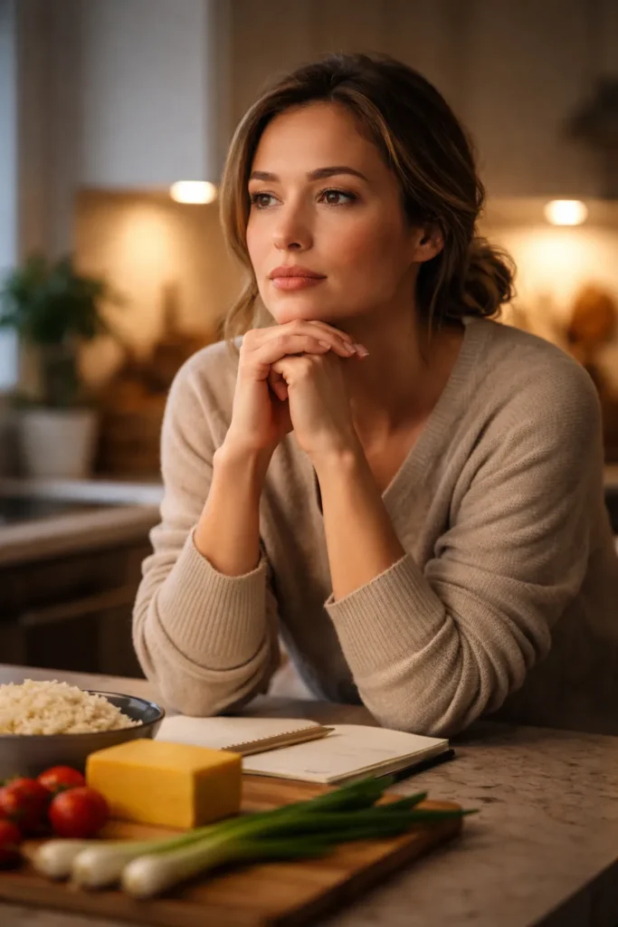 Thoughtful person in a kitchen reflecting on final thoughts about weeknight dinners and planning