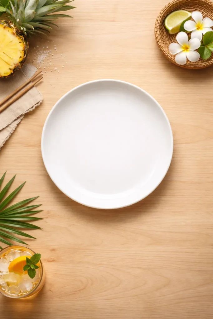Empty plate on light wood surface signaling calm final thoughts