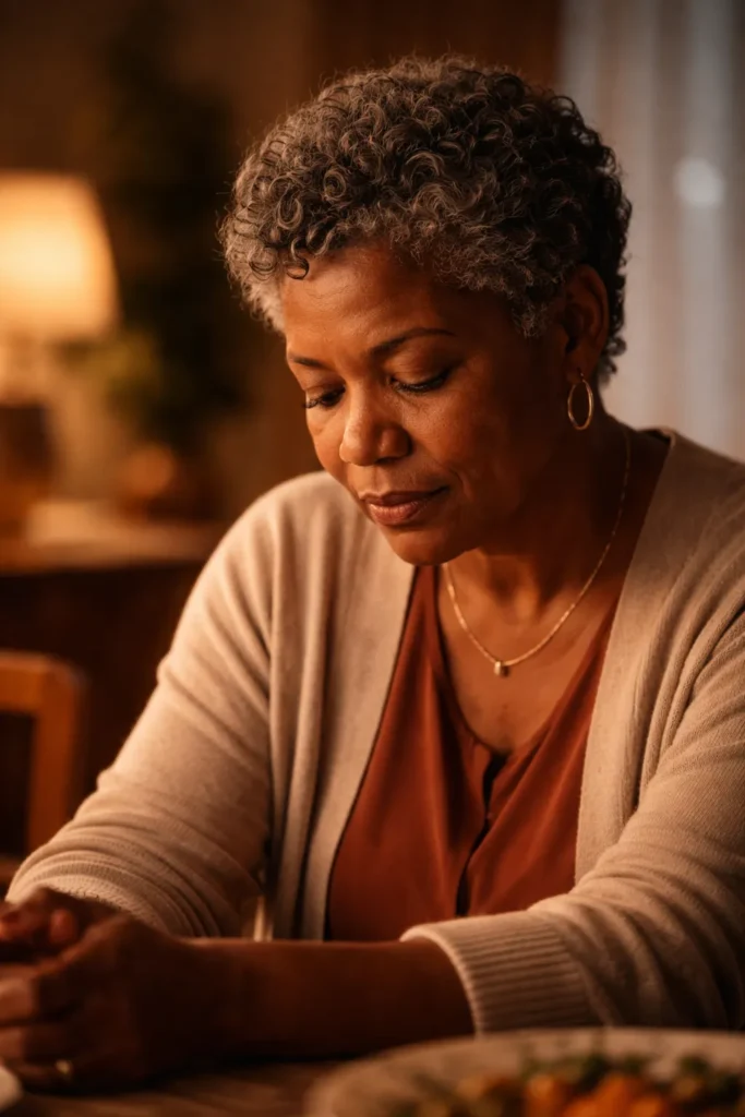 Close-up portrait of a contemplative person with warm lighting and neutral background
