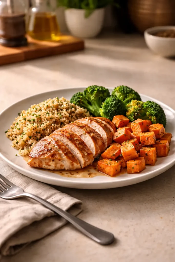 Plate with a high-protein dinner in a calm kitchen