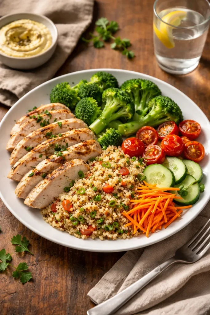 8 Calorie Deficit Meals That Keep You Full 14 Plate with balanced high-protein, high-fiber meal on a simple table.