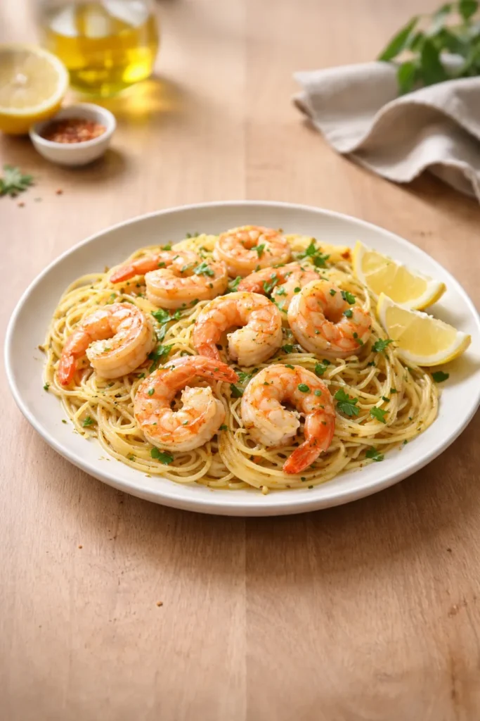 10 Shrimp Scampi Recipes to Try Tonight 11 Minimal plate of shrimp scampi on wood surface