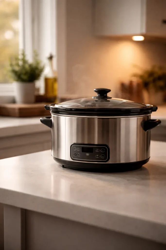 Minimalist kitchen with a single slow cooker on a counter in warm light.