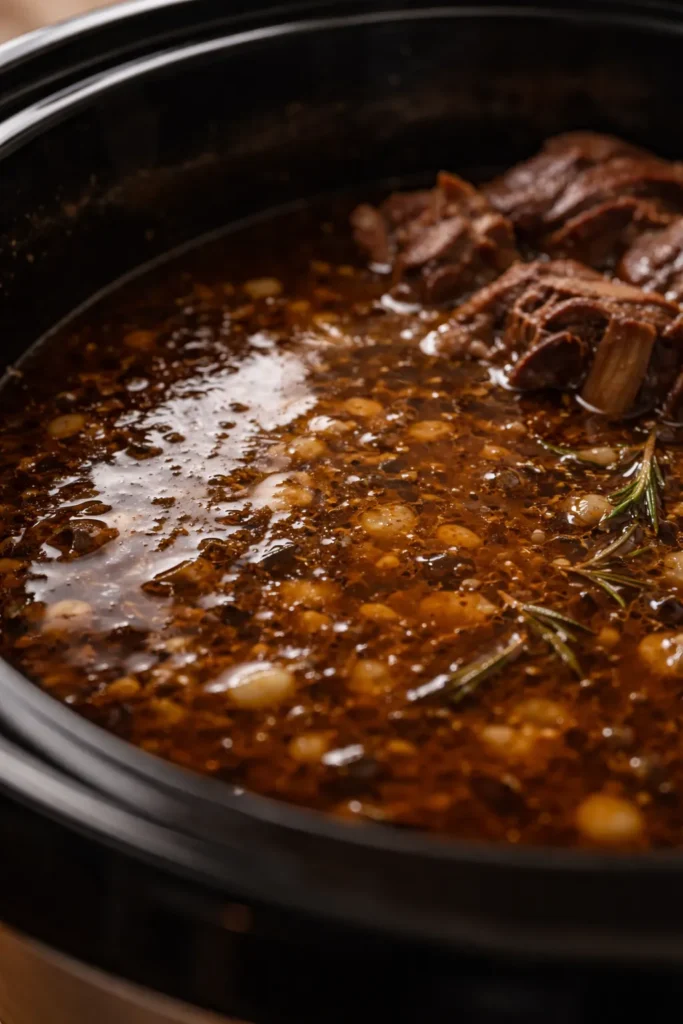 10 Slow Cooker Beef Recipes Fork-Tender 15 Glistening braising liquid at bottom of slow cooker