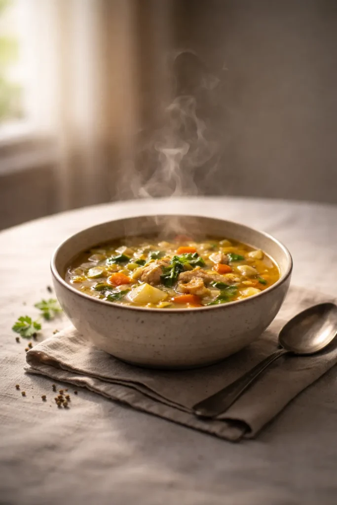 10 Homemade Soup Recipes for Any Season 16 Steaming bowl of soup on a simple table with soft lighting, conveying final reflections