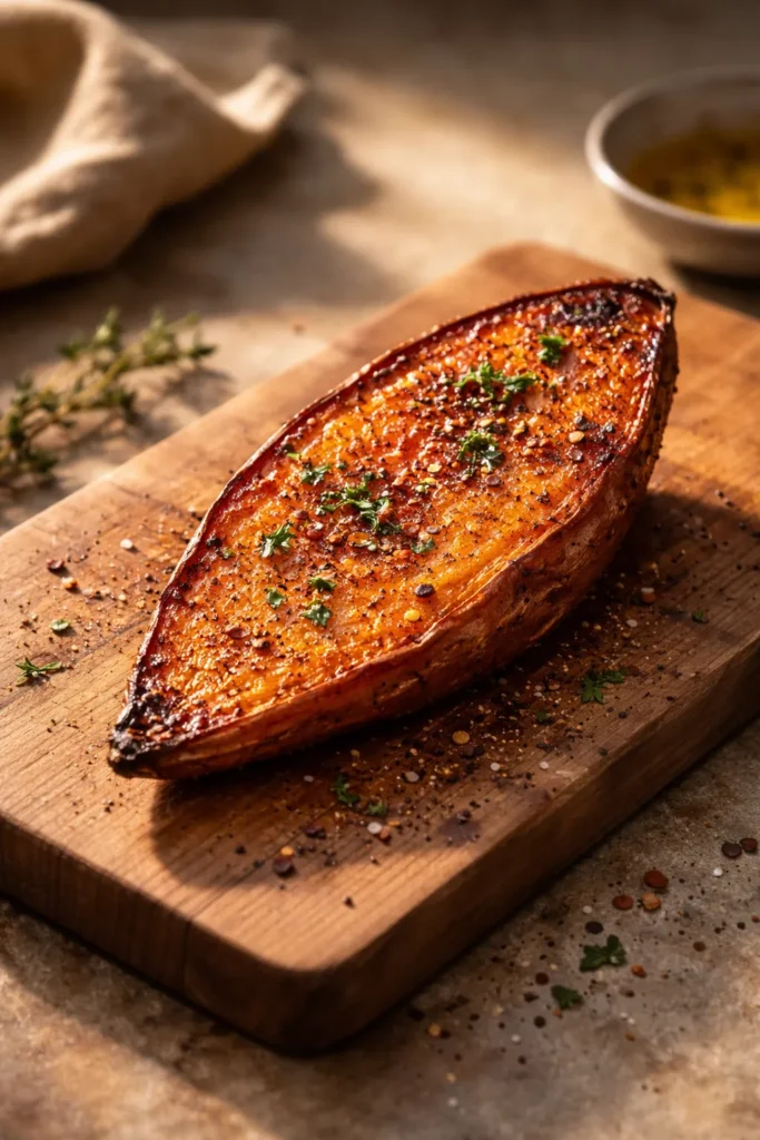 Single roasted sweet potato half on a wooden board with warm lighting