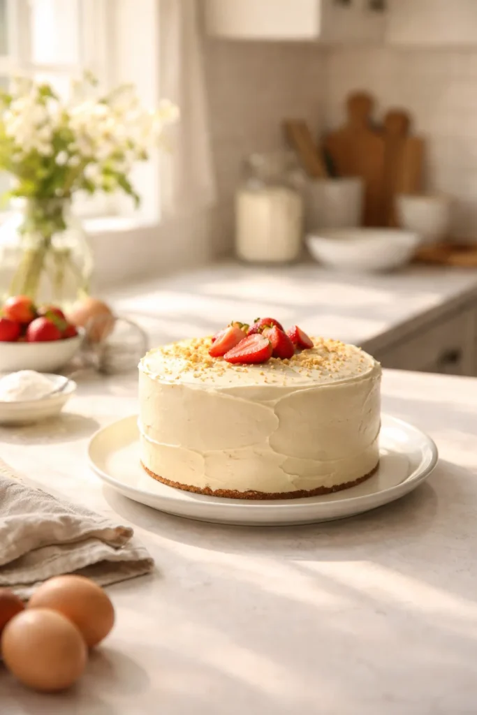 10 Baking Tips Every Beginner Needs to Know 11 Finished cake on plate in a calm kitchen