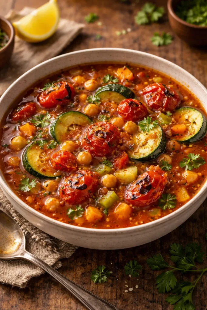 8 Vegetable Soup Recipes for Cold Nights 3 Steaming Fire-Roasted Tomato Vegetable Soup with chickpeas and zucchini