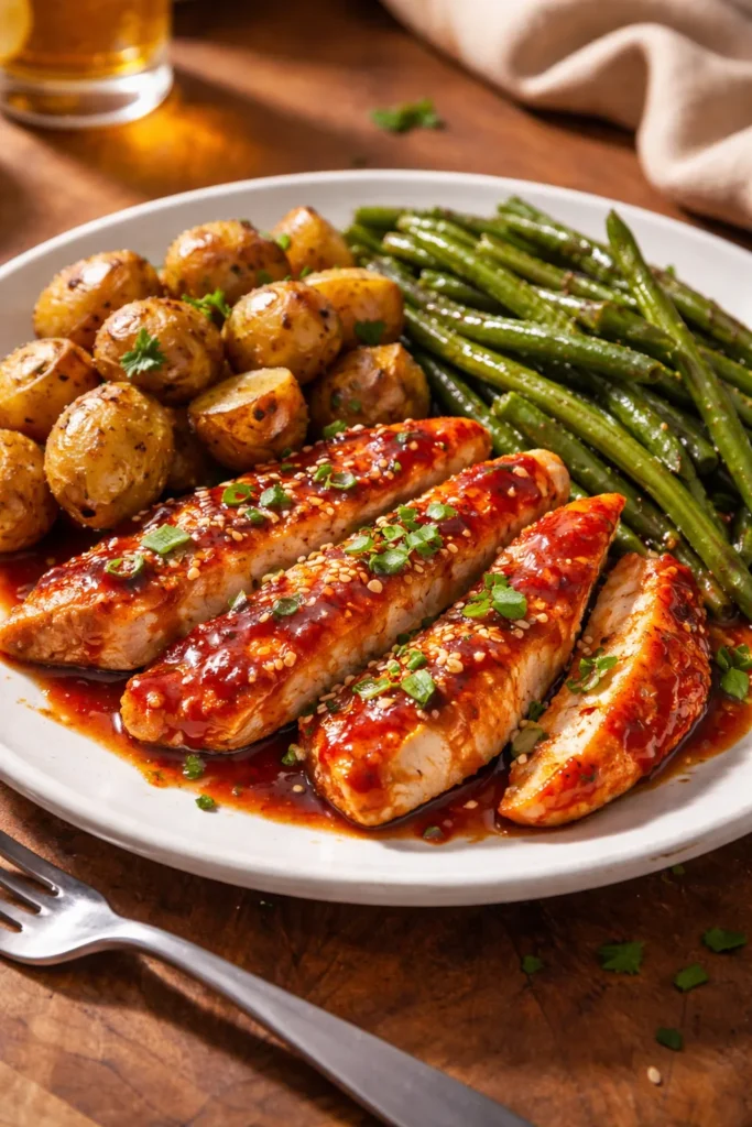 Firecracker chicken with potatoes and green beans on a warm kitchen board