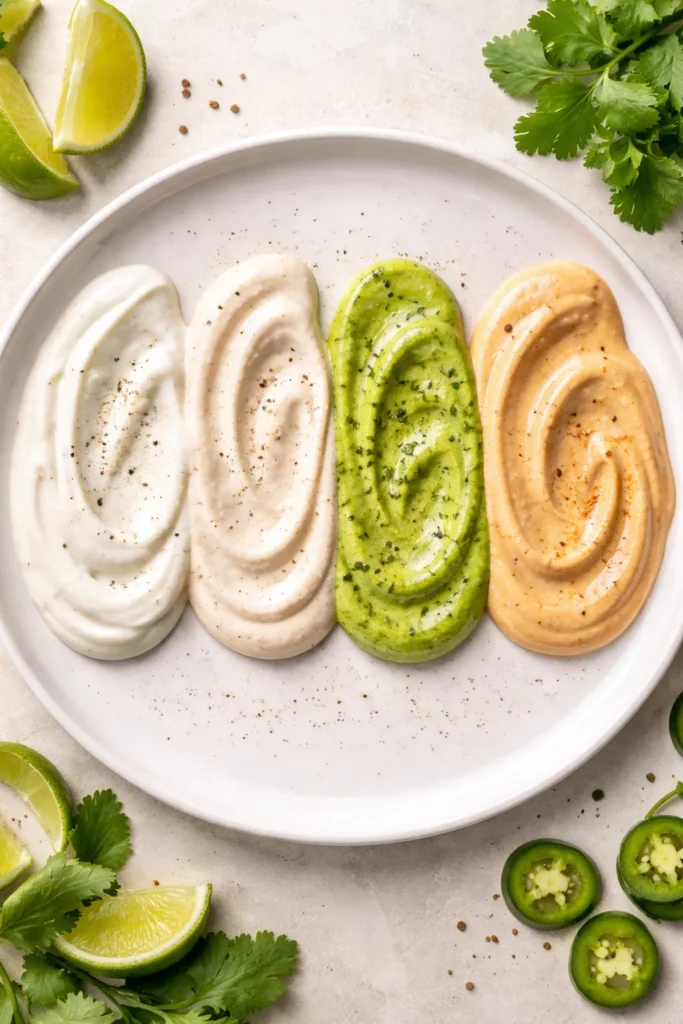 8 Easy Fish Taco Recipes for Taco Night 11 Plate with five sauce swirls for fish tacos
