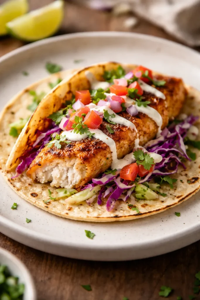 8 Easy Fish Taco Recipes for Taco Night 1 Close-up of a single fish taco with crispy tortilla and flaky white fish