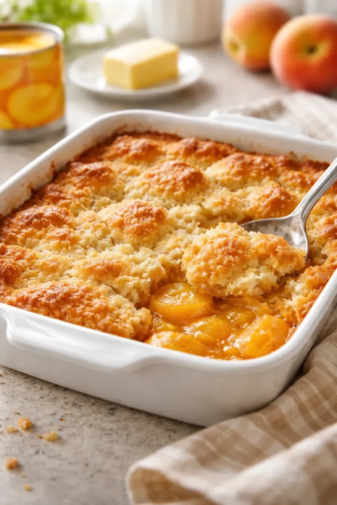 5-Minute Bisquick Cobbler With Canned Peaches 14 Five-Minute Bisquick Cobbler in a dish with bubbly crust