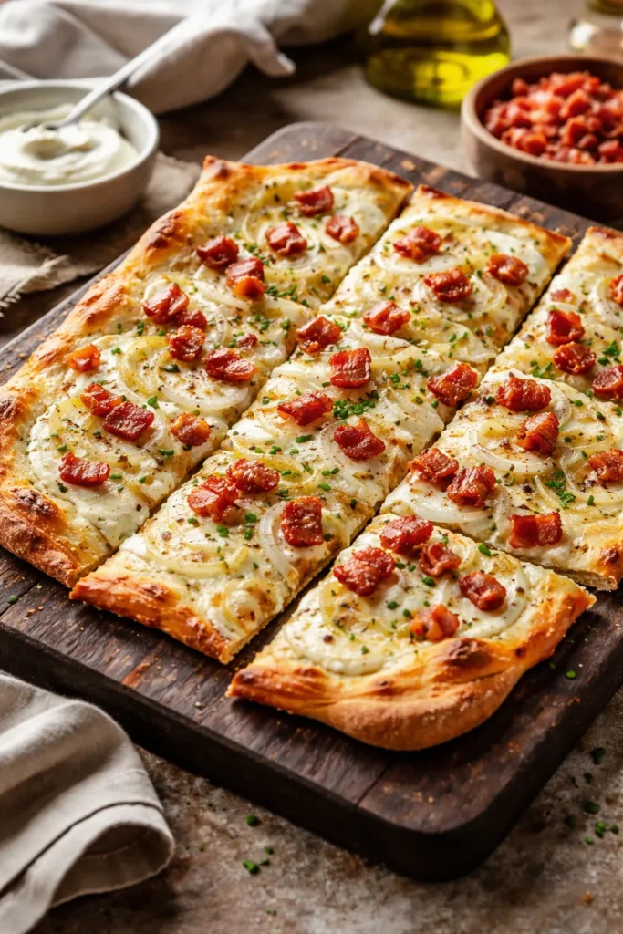 10 Easy German Recipes for a Cozy Dinner 10 Flammkuchen flatbread with onions and bacon on board