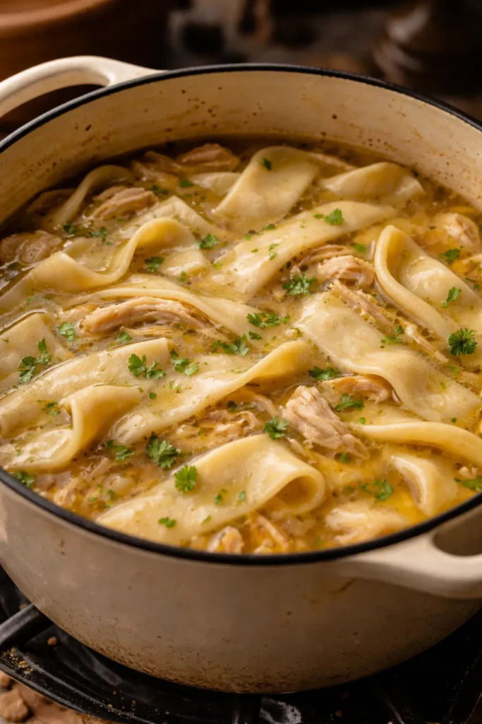 8 Chicken and Dumpling Recipes Like Grandma's 1 Close-up of flat, wide Southern-style dumplings simmering in broth in a rustic pot