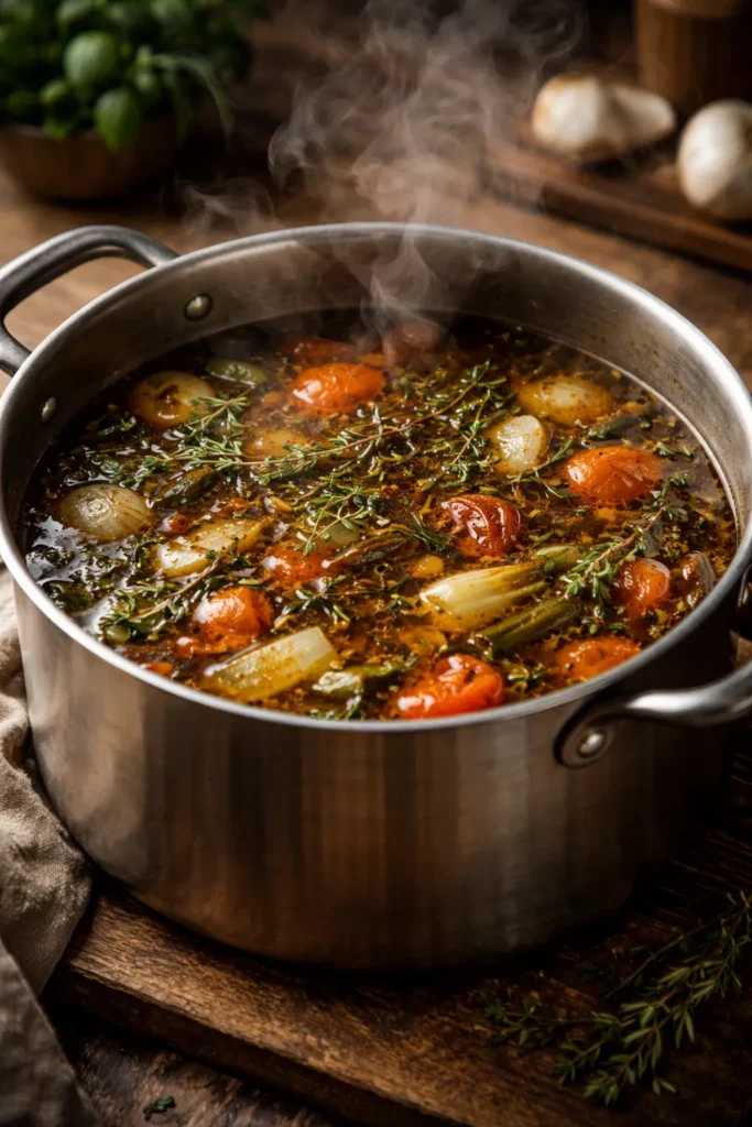 8 Vegetable Soup Recipes for Cold Nights 9 Simmering vegetable broth with amber color and steam