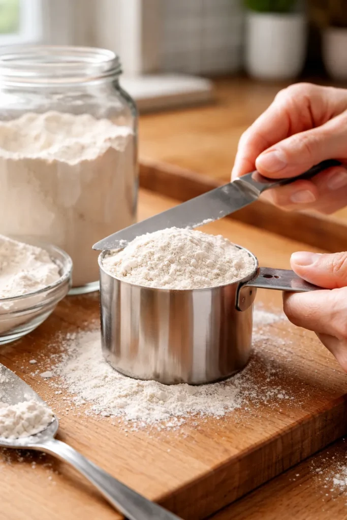 Moist Buttermilk Pound Cake that Won't Dry Out 7 Close-up of hands spooning flour into a dry measuring cup and leveling with a knife on a wooden counter