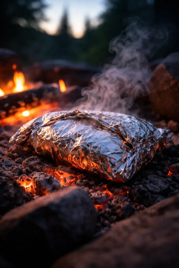 Close-up of a foil packet cooking in campfire coals with steam