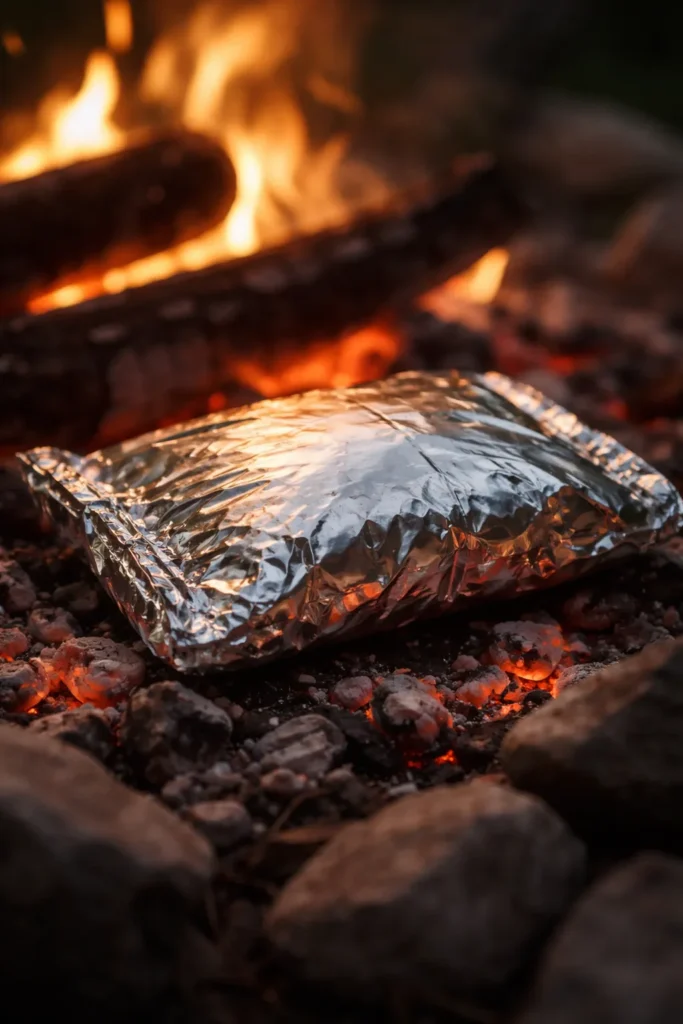 10 Campfire Recipes Even Kids Can Help With 11 Foil packet dinner on coals with a bulging packet