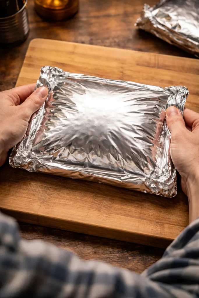 Top-down view of folded foil packet on wooden surface