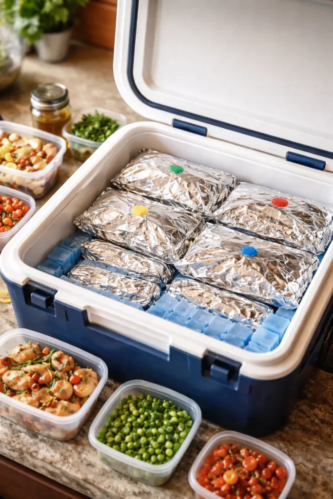 Row of sealed foil packets laid flat in an open cooler with ice packs underneath