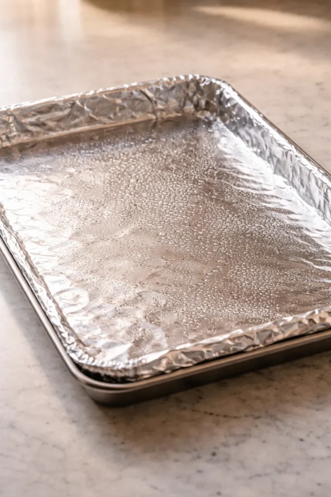10 Sheet Pan Dinners With Almost No Cleanup 13 Close-up of foil-lined sheet pan prepared to minimize cleanup