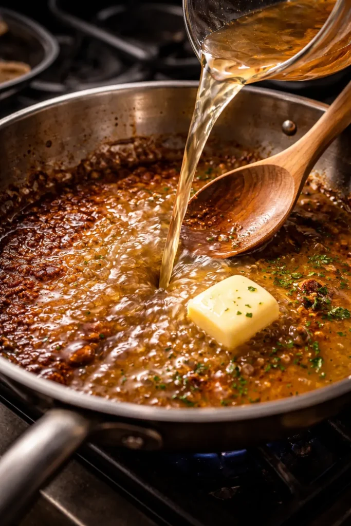 8 Skillet Dinners Ready in 20 Minutes 12 Skillet fond deglazing to pan sauce close-up