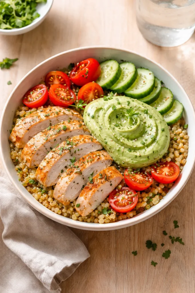 8 Protein Bowl Recipes to Eat After the Gym 5 Freekeh chicken bowl with avocado cream, tomatoes, cucumber, and parsley