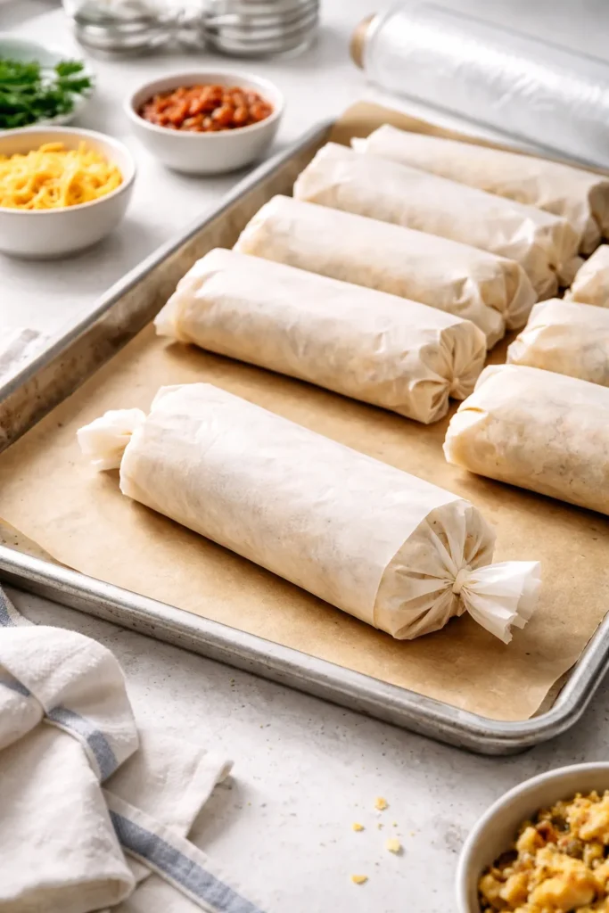 8 Breakfast Burrito Recipes for Meal Prep 2 Freezer-ready burrito wrapped in parchment on sheet pan