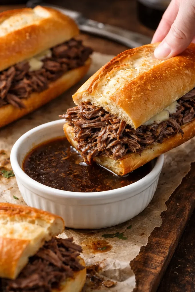 10 Slow Cooker Beef Recipes Fork-Tender 8 Close-up of beef on a crusty French roll for a French Dip sandwich