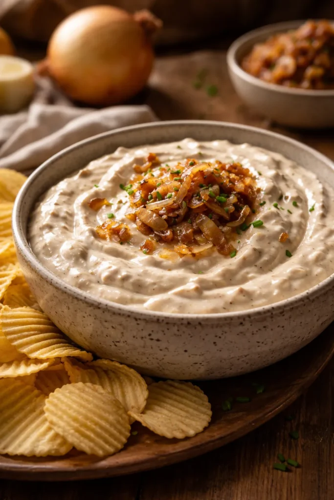 Close-up of creamy French onion dip with caramelized onions in a ceramic bowl