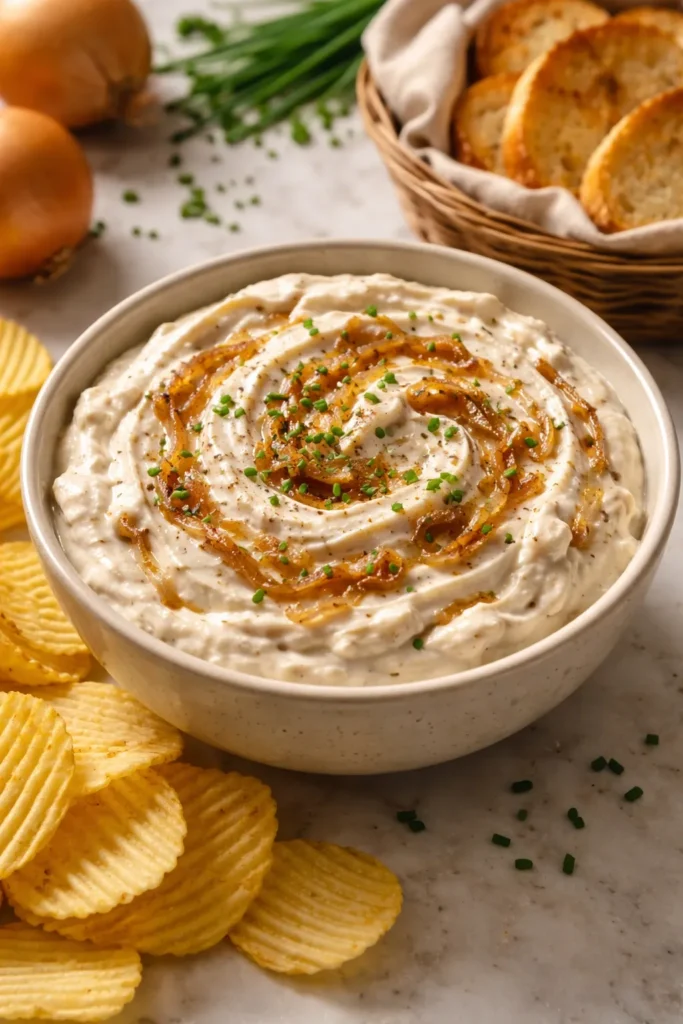 8 Easy Dip Recipes for Parties and Snacking 3 Creamy French onion dip with caramelized onion ribbons in a bowl