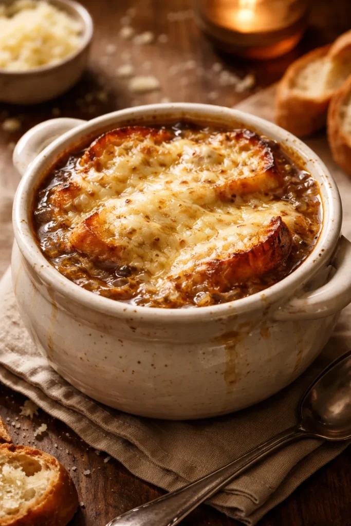 8 French Dishes Easier Than You Think 1 Ceramic bowl of French onion soup with melted Gruyère and caramelized onions