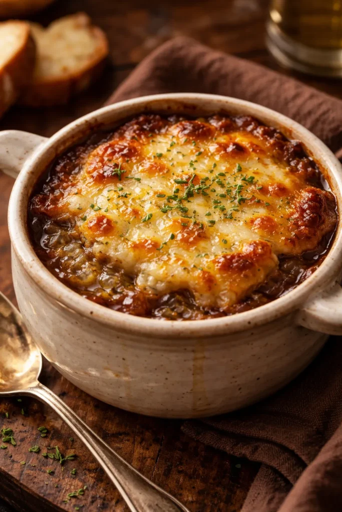 8 Rainy Day Recipes for Cozy Comfort 5 French onion soup with melted Gruyère cheese crust
