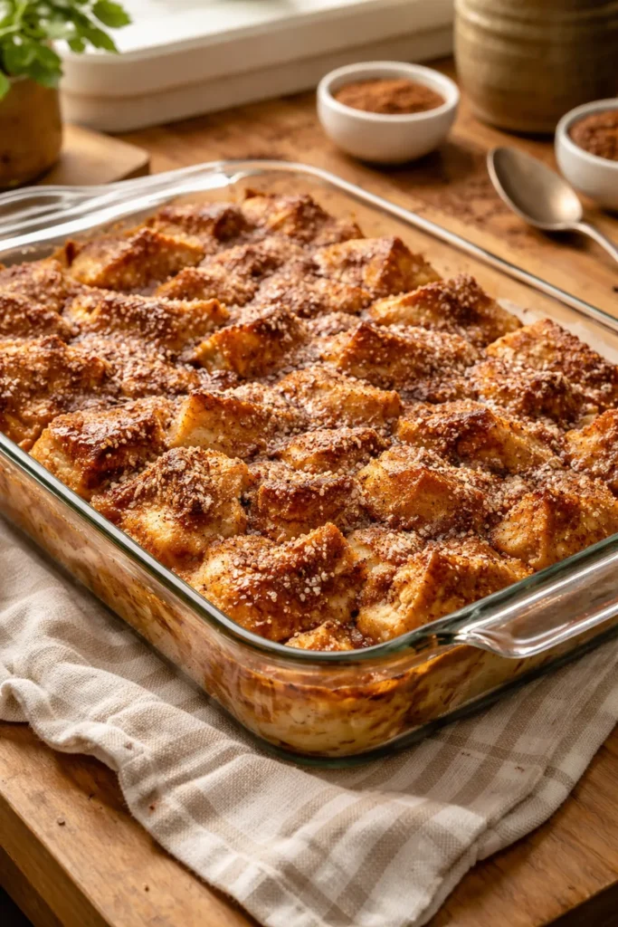 8 Breakfast Casseroles That Feed a Crowd 7 French toast casserole in a glass dish with cinnamon-sugar crust on wood