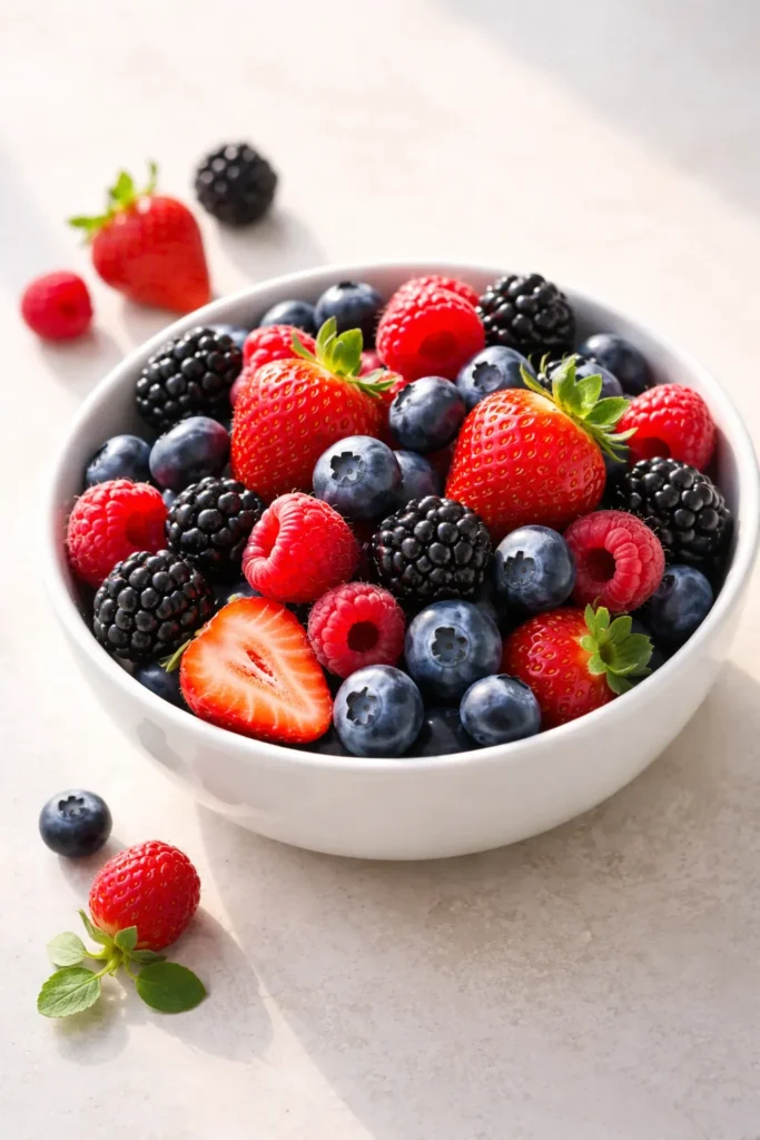 Bowl of fresh mixed berries on a plain surface.