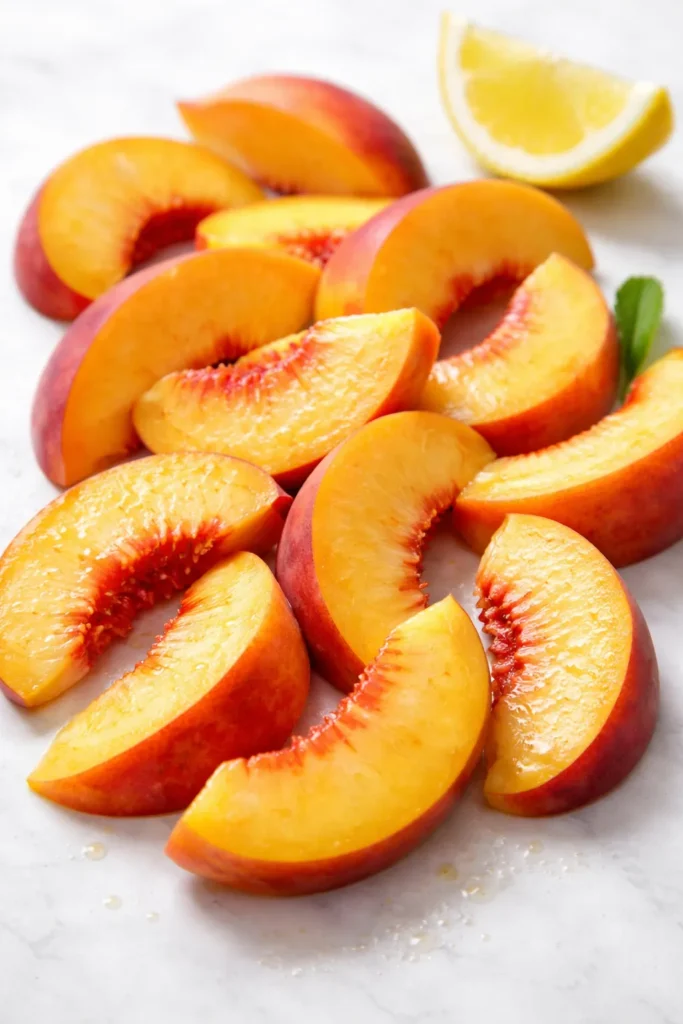 5-Minute Bisquick Cobbler With Canned Peaches 15 Fresh peach slices on a light surface ready for cobbler