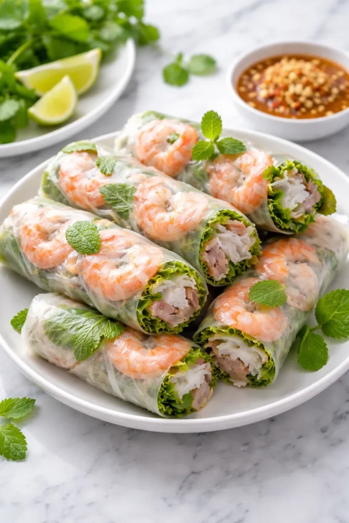 Fresh spring rolls showing shrimp and pork filling through rice paper.