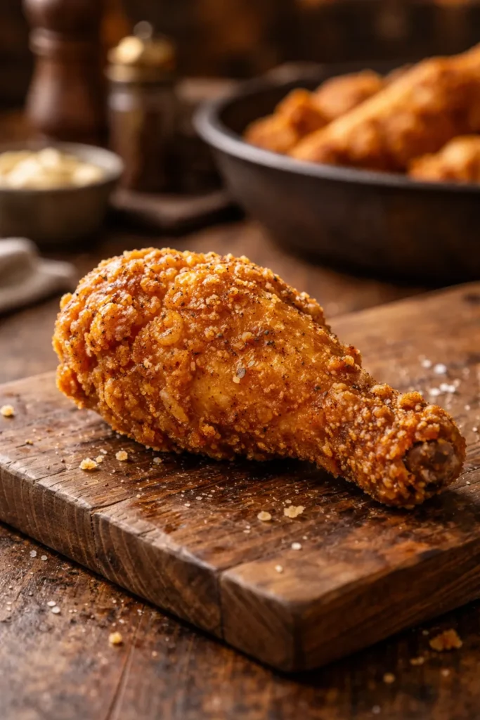 Close-up of a crispy golden fried chicken piece on a wooden board