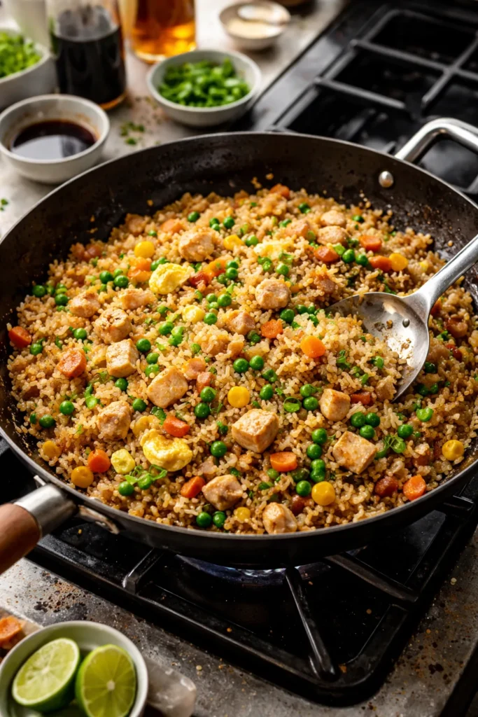 10 Easy Dinners for When You're Too Tired 5 Golden fried rice with protein and vegetables in a skillet