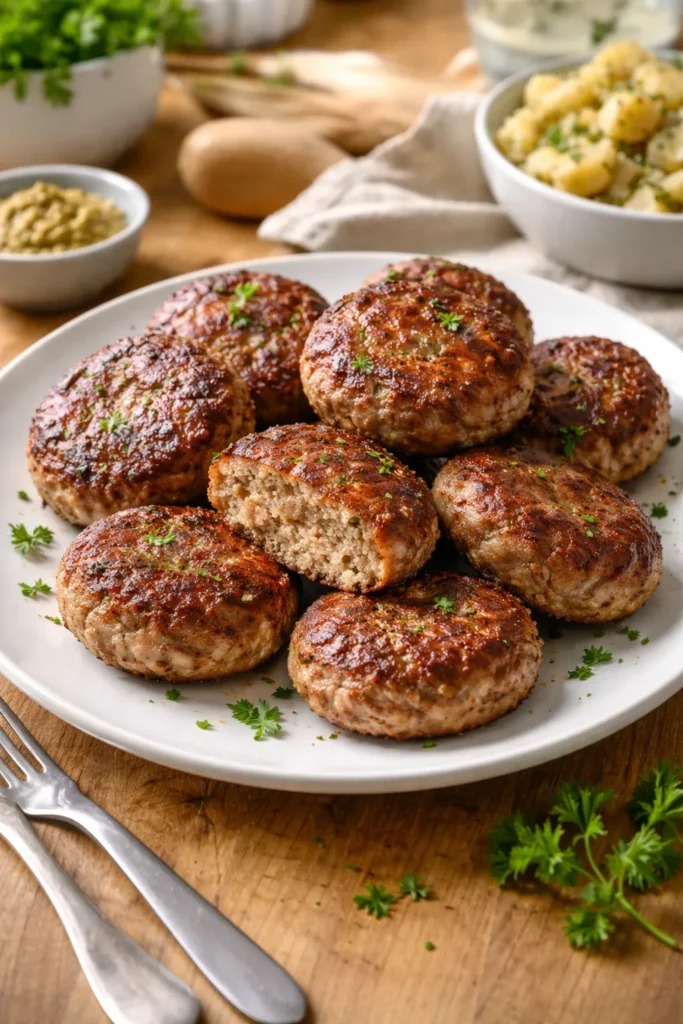 10 Easy German Recipes for a Cozy Dinner 8 Frikadellen patties on plate with crisp edges