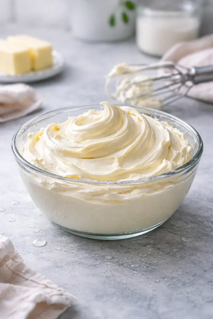 Glossy bowl of frosting in a cool kitchen to illustrate troubleshooting against melting